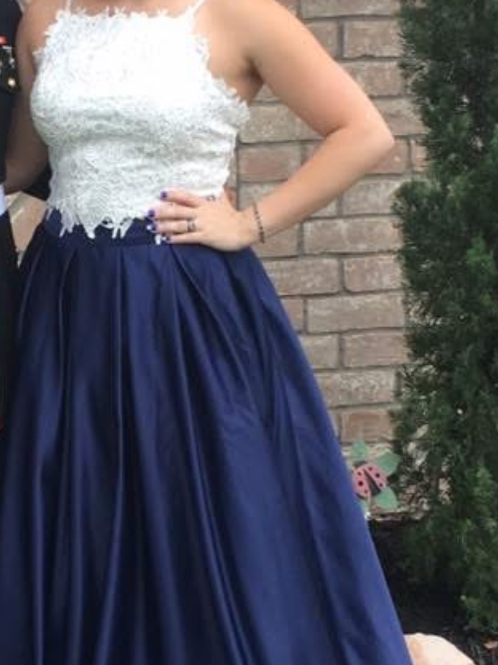 Dave & Johnny White Lace Bodice Navy Ball Gown